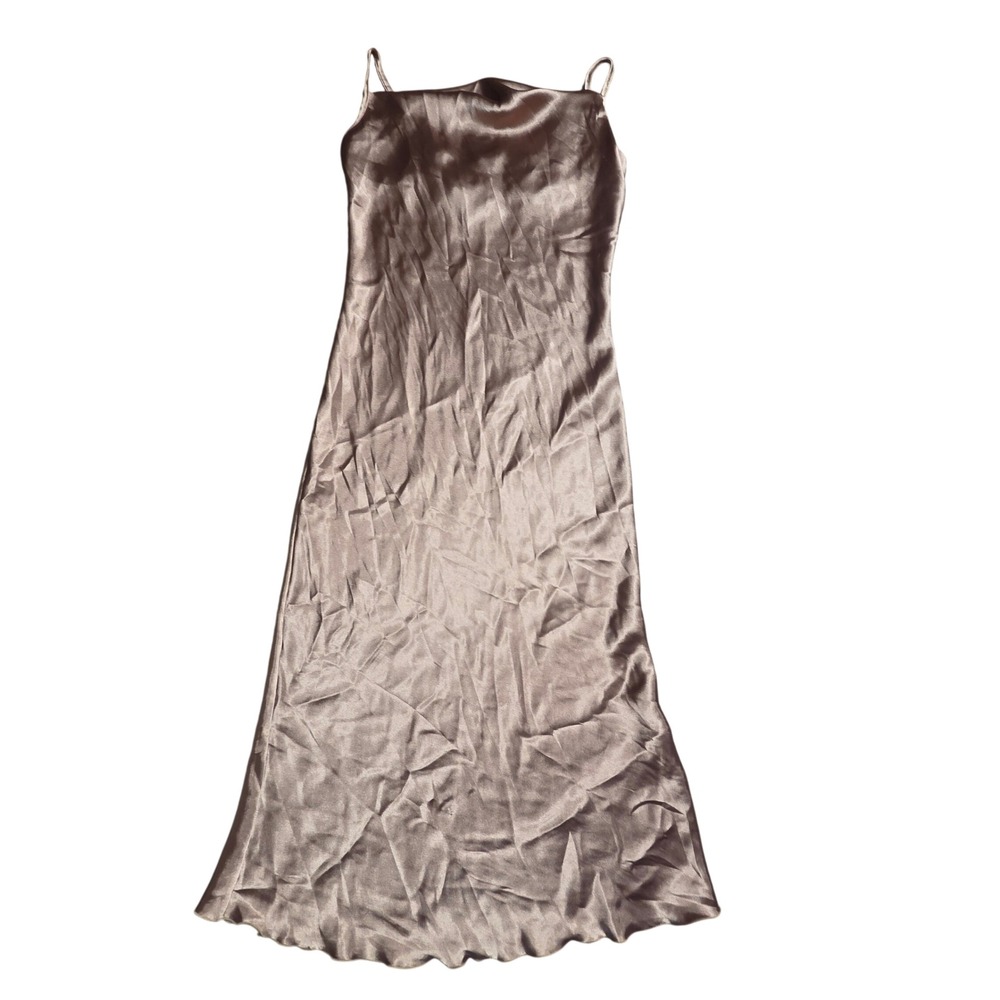 Bebe Satin Cowl Neck Strappy Midi Slip Dress XS Open Back Bronze Chic Glam Party